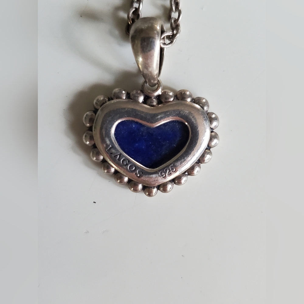 LAGOS Necklace Heart Pendant with Blue Lapis Lazuli and Beaded Edge
